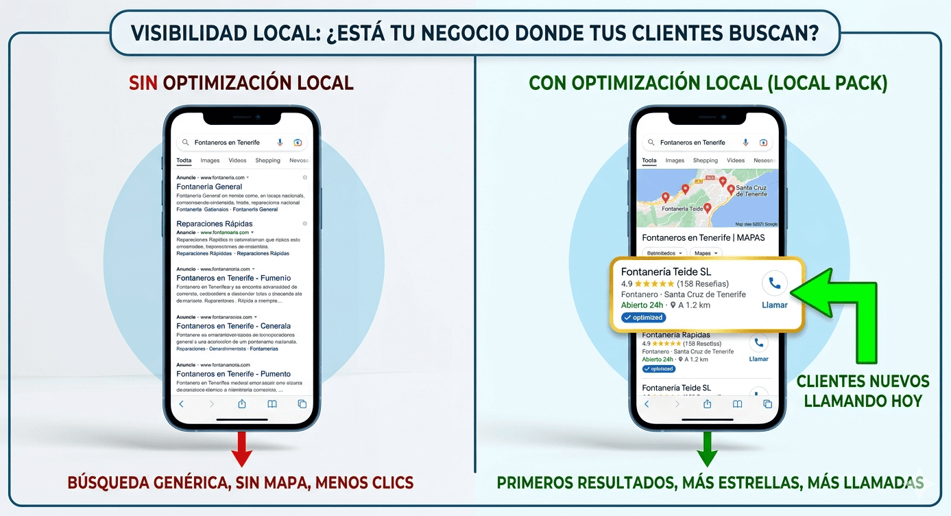 Infografía digitalizar mi negocio en Canarias, comparativa mostrando la diferencia entre una búsqueda genérica sin mapa (izquierda) y el Local Pack de Google Maps optimizado (derecha) para un negocio de fontanería en Tenerife, con flecha señalando 'Llamar'